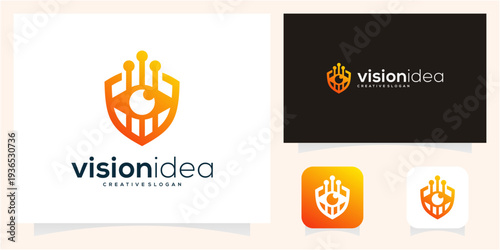 Cyber Security Eye Shield Logo Design with Circuit Connection nodes vector icon.