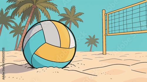 A volleyball rests on the sand near a net surrounded by palm trees under a clear sky during the day.