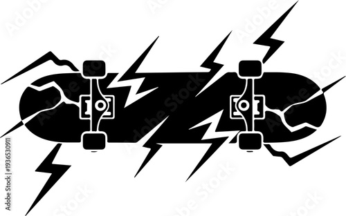 Black skateboard vector icon with lightning bolts