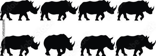 Rhinoceros silhouettes collection isolated on white background, black rhino vector illustration set featuring walking and standing poses, African wildlife animal design bundle.