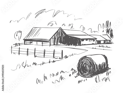 Black and white ink of a rural farm with barns and hay bale