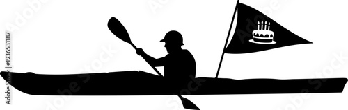 Vector silhouette of a person kayaking with flag
