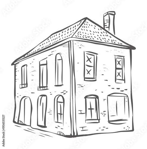 Black and white line of a two story brick building with arched doorways and windows