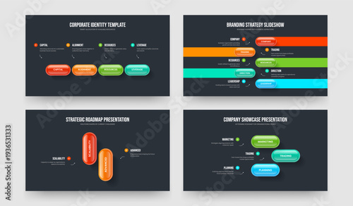 Corporate Review 4 5 2 3 Element Infographic Slideshow Layout Bundle. Investor Launch Four Five Two Three Option Diagram Slide Template Vector Illustration Set.