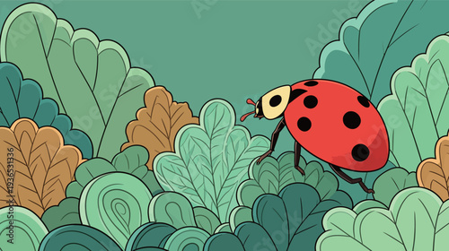 A ladybug moves slowly across various green and orange leaves in a colorful and simple design that shows nature.