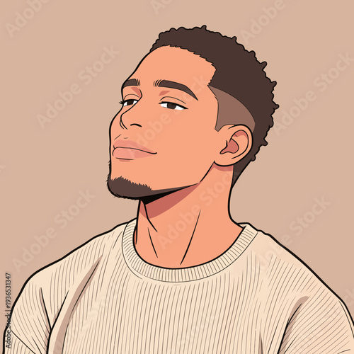A man stands with a relaxed posture and facial expression in a digital drawing. He has short hair and wears a light sweater.