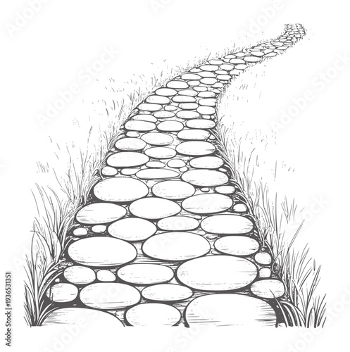 Black and white line of a winding stone path through grass