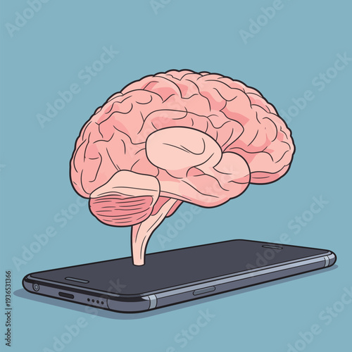 A brain appears to rise from a smartphone's screen, highlighting the connection of technology to human thought.
