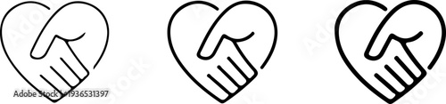 Handshake agreement friendly partnership deal, corporate trust contract thin outline icon. Minimalist line symbol heart shape made from two shaking hands. Vector isolated pictogram for web and app.