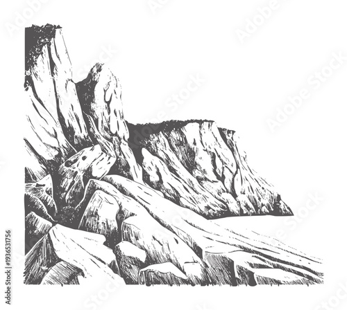 Black and white of rugged coastal cliffs and rocks ocean monochrome