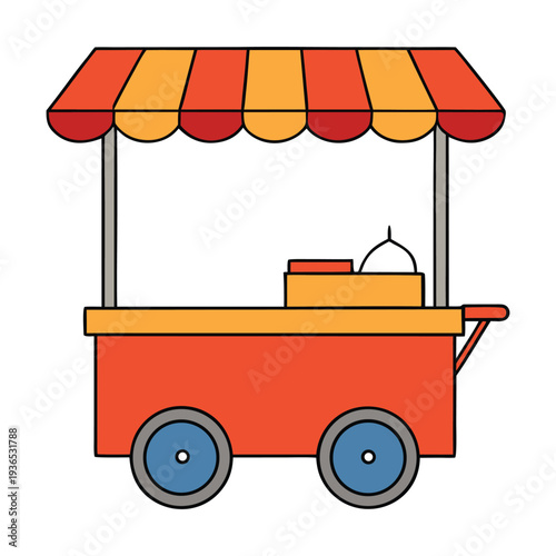 Colorful street food cart serving fresh snacks and sizzling treats. Aromas of spices fill the air as customers gather for quick, tasty bites in a lively urban market scene. 
