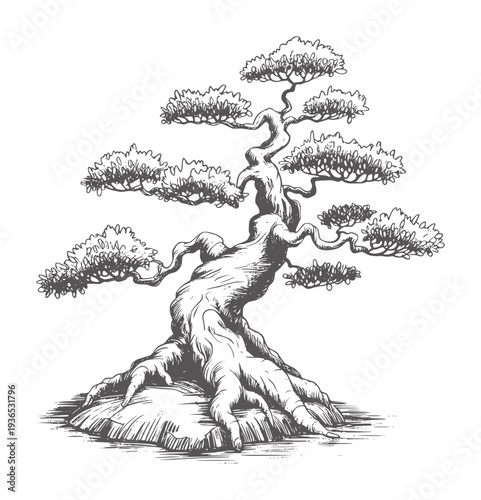 Black and white pencil of a gnarled ancient bonsai tree