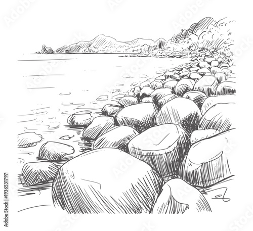 Black and white pencil of a rocky shoreline with calm water and distant mountains