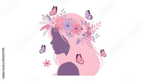 Woman with flowers in hair and butterflies around her head in a beautiful floral crown