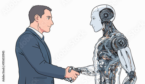 A man and a robot are shaking hands in an office space. The scene shows a meeting between human and technology.