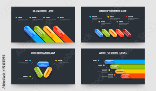 Market Showcase Four Five Three Step Infographic Slideshow Design Vector Illustration Set. Product Proposal 4 5 3 Element Diagram Frame Template Collection.