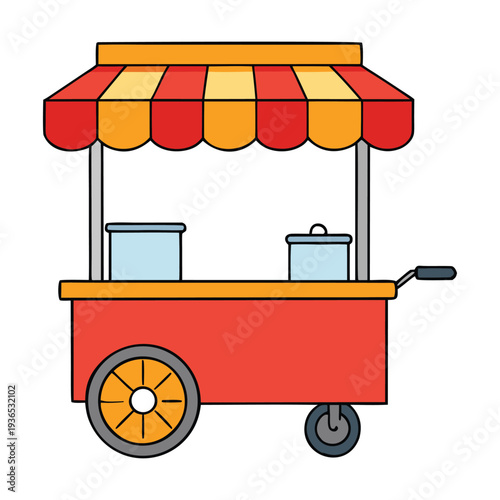 Colorful street food cart serving fresh snacks and sizzling treats. Aromas of spices fill the air as customers gather for quick, tasty bites in a lively urban market scene. 
