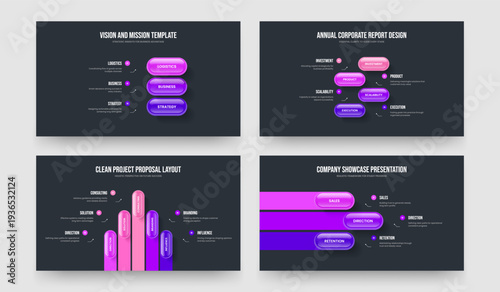 Product Profile Three Four Five Element Diagram Slideshow Design Vector Illustration Bundle. Business Overview 3 4 5 Step Infographic Frame Layout Set.
