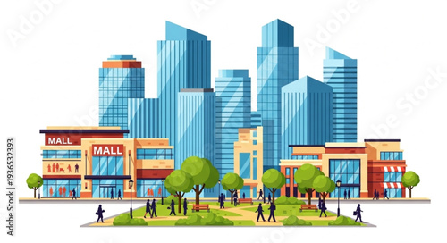 Modern Cityscape with Tall Buildings and Green Park Area.