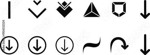 Set of downward arrow icons collection, minimal black direction symbols for download button, navigation interface, web and mobile app design