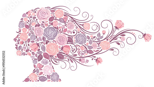 Beautiful woman's head filled with colorful flowers and leaves