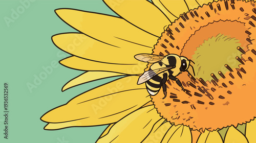 A bee lands on a sunflower and gathers nectar while the sun shines. The background shows a simple color that highlights the flower.