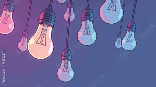 Multiple light bulbs hang down from wires, creating an artistic and bright display against a dark backdrop.