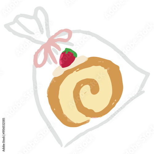 swiss roll cake in plastic tied with ribbon for takeaway
