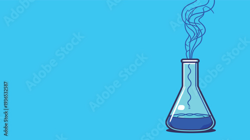 A laboratory flask contains blue liquid with steam rising, showing a science experiment in progress.