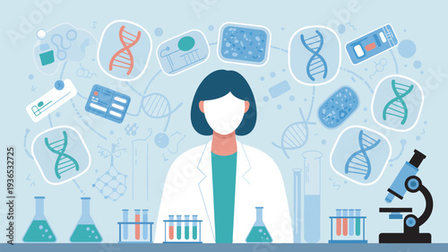 A scientist in a lab coat stands at a laboratory bench surrounded by various scientific equipment and DNA illustrations.