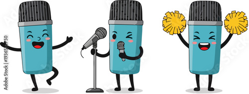Set of 3 Cute Blue Microphone Cartoon Characters Vector