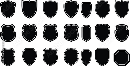Shield silhouette collection with blank heraldic badge shapes, security emblem set isolated on white background vector illustration for logo and branding