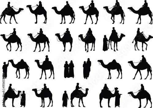 Camel rider silhouette set, desert caravan with Arabian nomads and camels travel flat vector illustration isolated