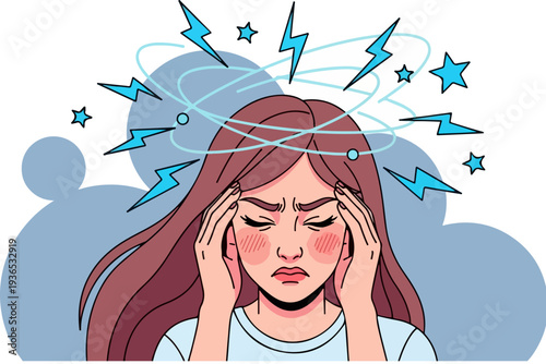 Woman Suffering from Headache or Migraine Vector Illustration