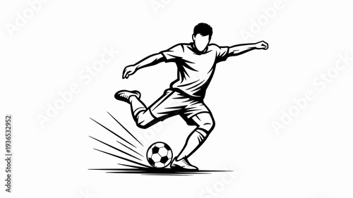 A black and white illustration depicts a soccer player in mid kick powerfully striking a ball with dynamic motion lines high quality professional detailed modern elegant