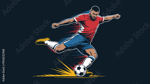 A digital illustration depicts a soccer player in motion poised to kick a soccer ball with dynamic energy and vibrant colors high quality professional detailed modern