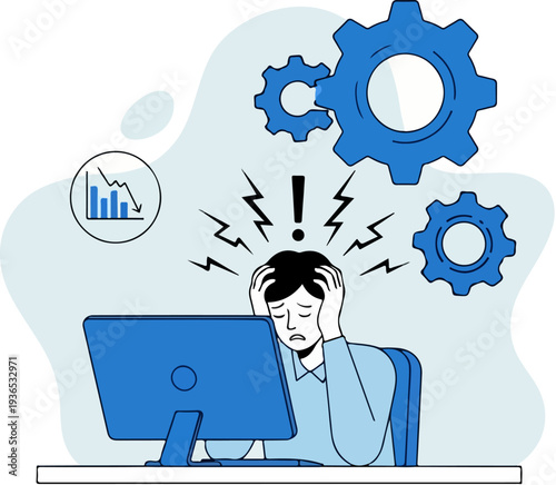 Stressed Man with Computer and Gears Vector Illustration