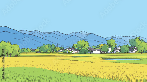 Fields of golden crops spread out with green trees nearby and mountains in the background against a bright blue sky.