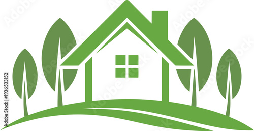 Green house with trees on a hill eco friendly home concept simple design