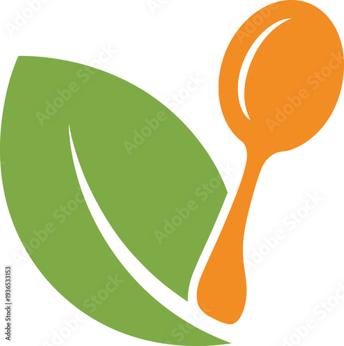 Green leaf and orange spoon icon for healthy eating and nutrition concepts  symbolizing ecofriendly food