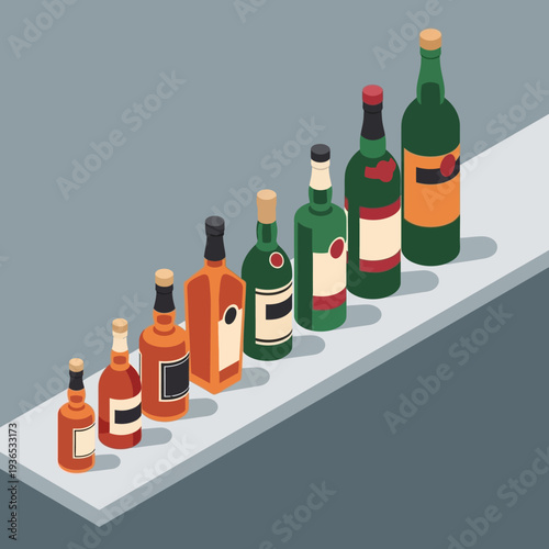 Assorted liquor bottles arranged on a white shelf.