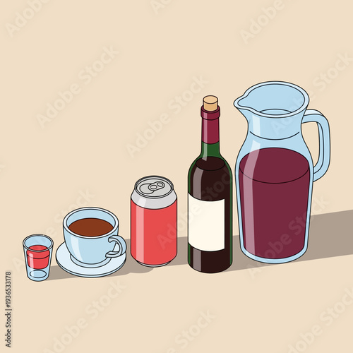 Assorted beverages including coffee, soda, wine, and juice on a table.