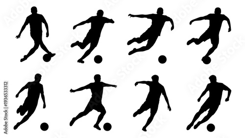 A collection of dynamic black silhouettes depicts a soccer player in various action poses showcasing movement and athleticism high quality professional detailed modern elegant stylish clean