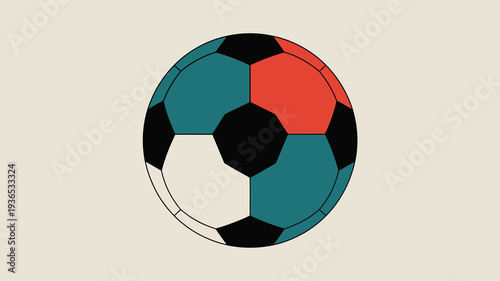 A brightly colored soccer ball is depicted with a classic pentagonal and hexagonal panel design featuring red green blue and white high quality professional detailed modern