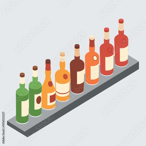 Assorted liquor bottles on a shelf in a row.