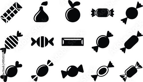Candy Silhouette Icon Collection Set, Sweet Confectionery Chocolate and Wrapped Bonbon Black Flat Vector Illustration