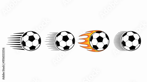 Four soccer balls are depicted in a row showcasing dynamic movement with speed lines and a flaming effect on one ball high quality professional detailed modern