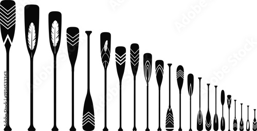 Stylized canoe and kayak paddle silhouettes with decorative blade designs including chevrons, feathers, and abstract patterns for outdoor sports, cultural art, and design projects