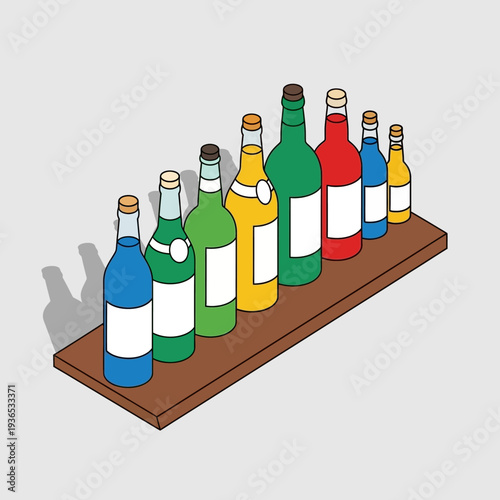 Assorted liquor bottles on a wooden shelf.