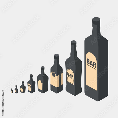 Illustration of assorted black bottles with bar labels in varying sizes.